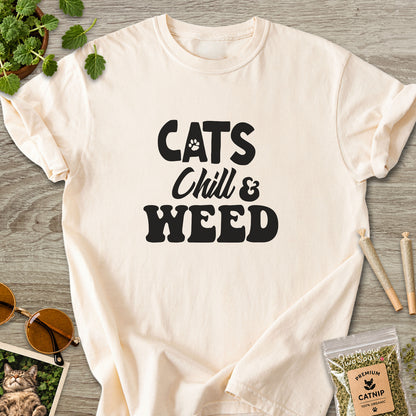 Ivory colored Comfort Colors 1717 cotton T-shirt, featuring a "Cats, Chill and Weed" funny cat design illustration. One Meow Two Souls brand.