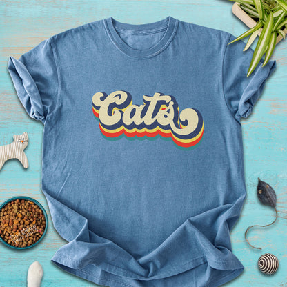 Blue Jean colored Comfort Colors 1717 t-shirt with a retro "Cats" typography design. Onw Meow Two Sould brand.