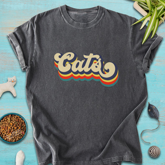 Pepper colored Comfort Colors 1717 t-shirt with a retro "Cats" typography design. Onw Meow Two Sould brand.