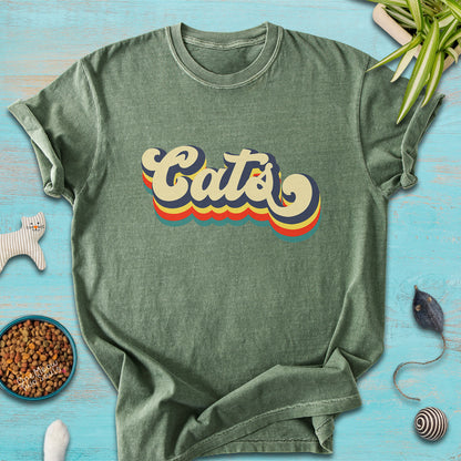 Moss colored Comfort Colors 1717 t-shirt with a retro "Cats" typography design. Onw Meow Two Sould brand.