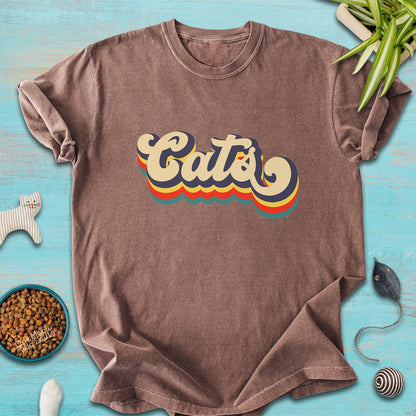 Espresso colored Comfort Colors 1717 t-shirt with a retro "Cats" typography design. Onw Meow Two Sould brand.