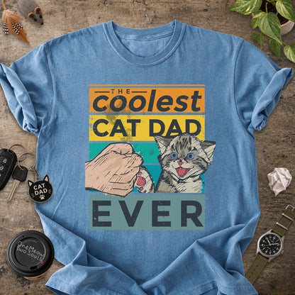 Blue Jean colored Comfort Colors 1717 T-shirt with a "The Coolest Cat Dad Ever" colorful retro design. One Meow Two Souls brand.