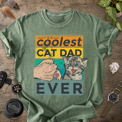 Moss colored Comfort Colors 1717 T-shirt with a "The Coolest Cat Dad Ever" colorful retro design. One Meow Two Souls brand.