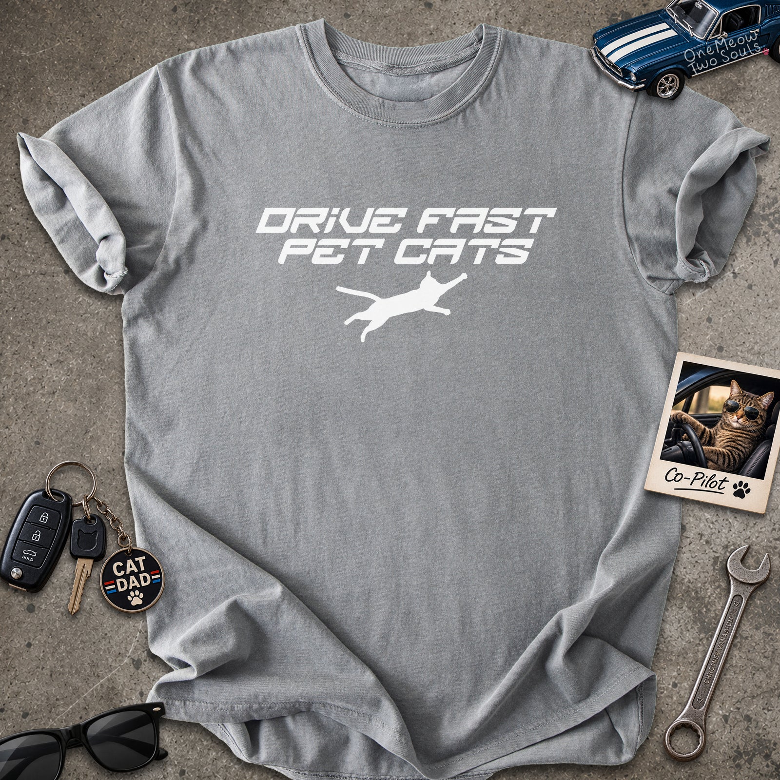 Grey color Comfort Colors 1717 t-shirt with a "Drive Fast Pet Cats" design. Aimed for Cat dads and men who love cats. One Meow Two Souls brand.