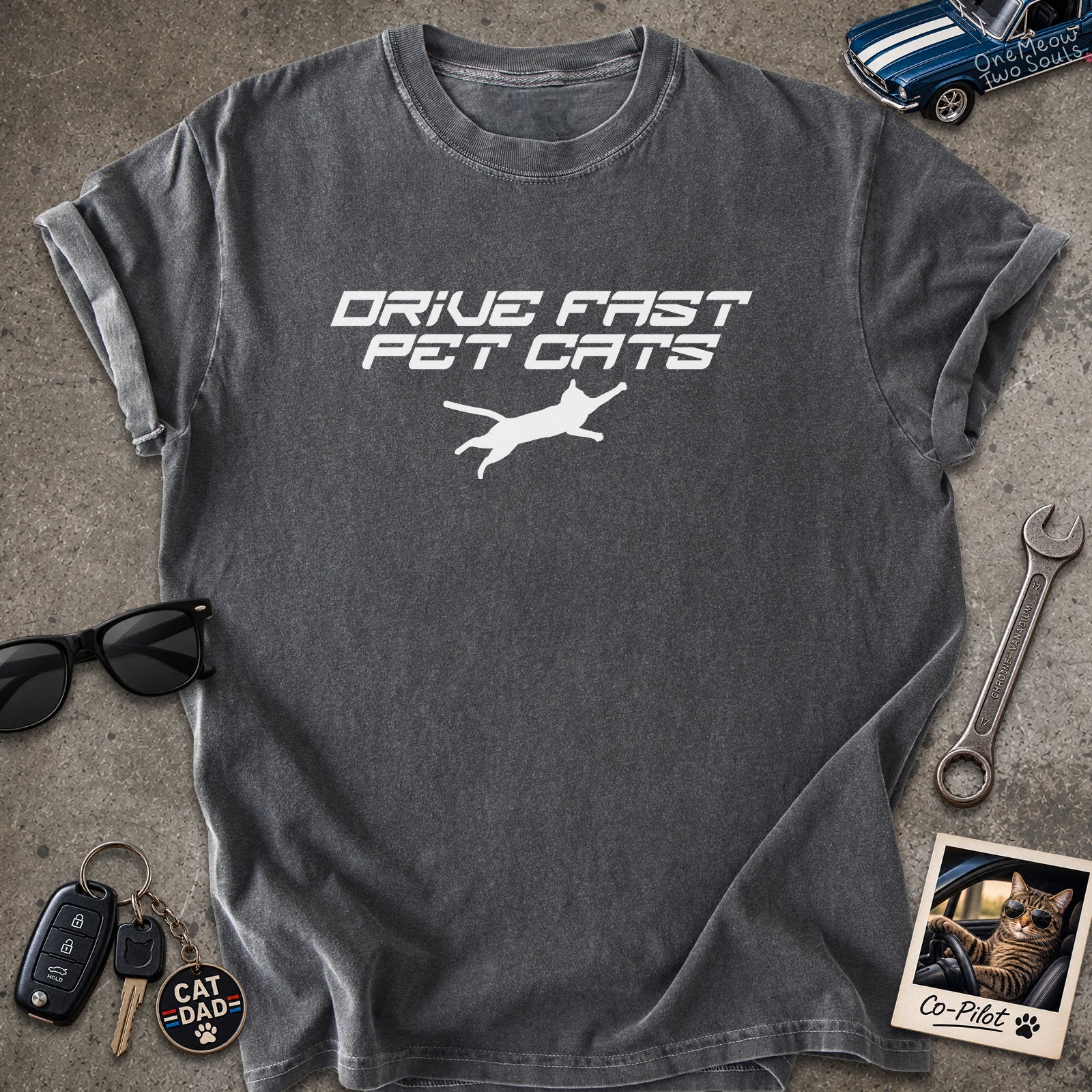 Pepper color Comfort Colors 1717 t-shirt with a "Drive Fast Pet Cats" design. Aimed for Cat dads and men who love cats. One Meow Two Souls brand.