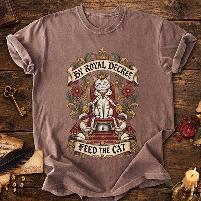 Espresso colored Comfort Colors 1717 cotton T-shirt, featuring a "By Royal Decree - Feed The Cat" funny cat design illustration. One Meow Two Souls brand.