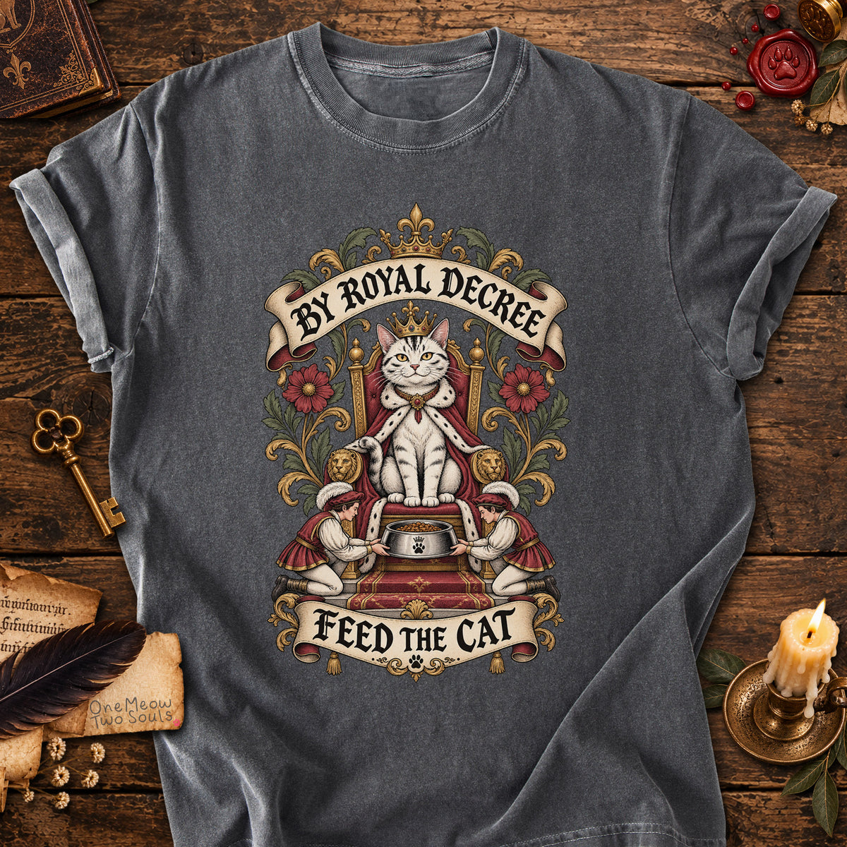 Pepper colored Comfort Colors 1717 cotton T-shirt, featuring a "By Royal Decree - Feed The Cat" funny cat design illustration. One Meow Two Souls brand.