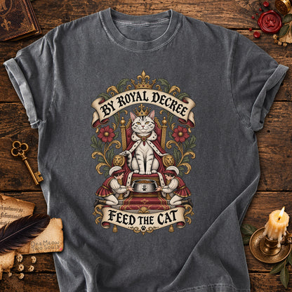 Pepper colored Comfort Colors 1717 cotton T-shirt, featuring a "By Royal Decree - Feed The Cat" funny cat design illustration. One Meow Two Souls brand.