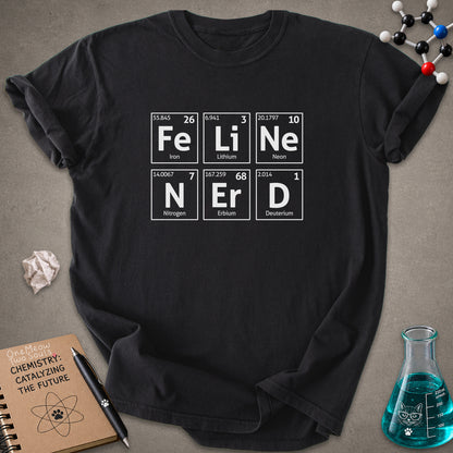 Black color Comfort Colors 1717 T-shirt with a "Feline Nerd" chemitsry periodic table desigh. One Meow Two Souls brand.