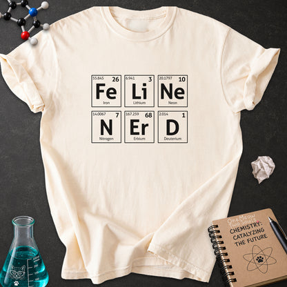 Ivory color Comfort Colors 1717 T-shirt with a "Feline Nerd" chemitsry periodic table desigh. One Meow Two Souls brand.