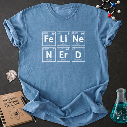 Blue Jean color Comfort Colors 1717 T-shirt with a "Feline Nerd" chemitsry periodic table desigh. One Meow Two Souls brand.