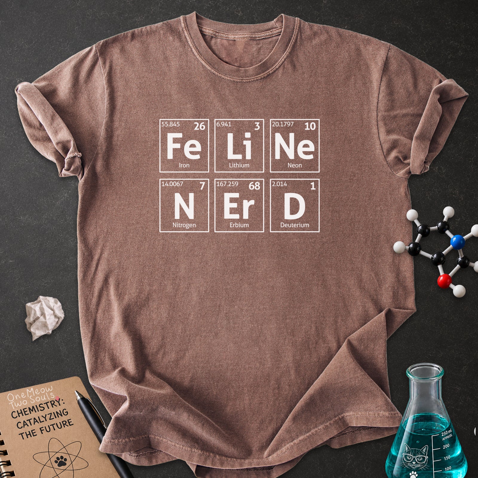 Espresso color Comfort Colors 1717 T-shirt with a "Feline Nerd" chemitsry periodic table desigh. One Meow Two Souls brand.