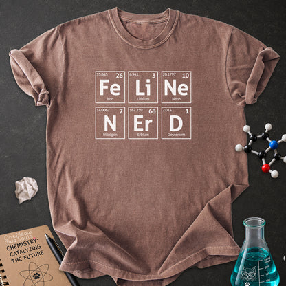 Espresso color Comfort Colors 1717 T-shirt with a "Feline Nerd" chemitsry periodic table desigh. One Meow Two Souls brand.