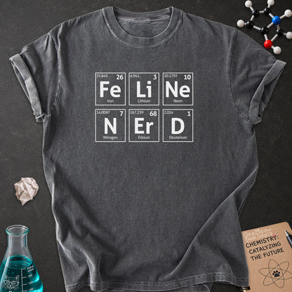 pepper color Comfort Colors 1717 T-shirt with a "Feline Nerd" chemitsry periodic table desigh. One Meow Two Souls brand.