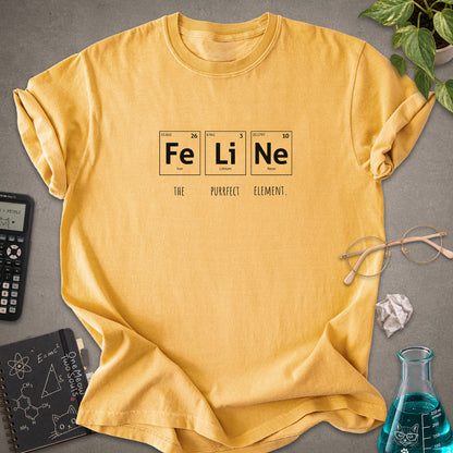 Mustard colored Comfort Colors 1717 cotton T-shirt, presenting a "FeLiNe The Purrfect Lelement" funny Chemistry cat design. One Meow Two Souls brand.