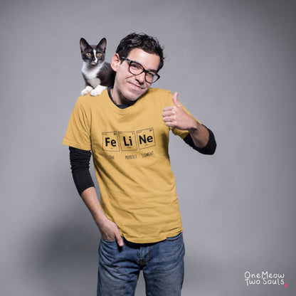 Mustard colored Comfort Colors 1717 cotton T-shirt, presenting a "FeLiNe The Purrfect Lelement" funny Chemistry cat design. One Meow Two Souls brand.