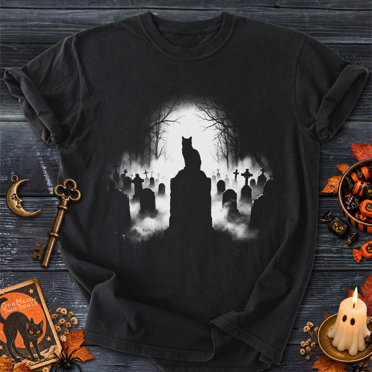 Black colored Comfort Colors 1717 cotton T-shirt, featuring a spooky graveyard Halloween cat design illustration. One Meow Two Souls brand.