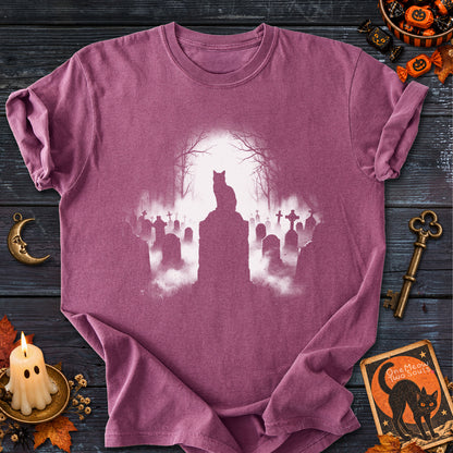 Berry  colored Comfort Colors 1717 cotton T-shirt, featuring a spooky graveyard Halloween cat design illustration. One Meow Two Souls brand.