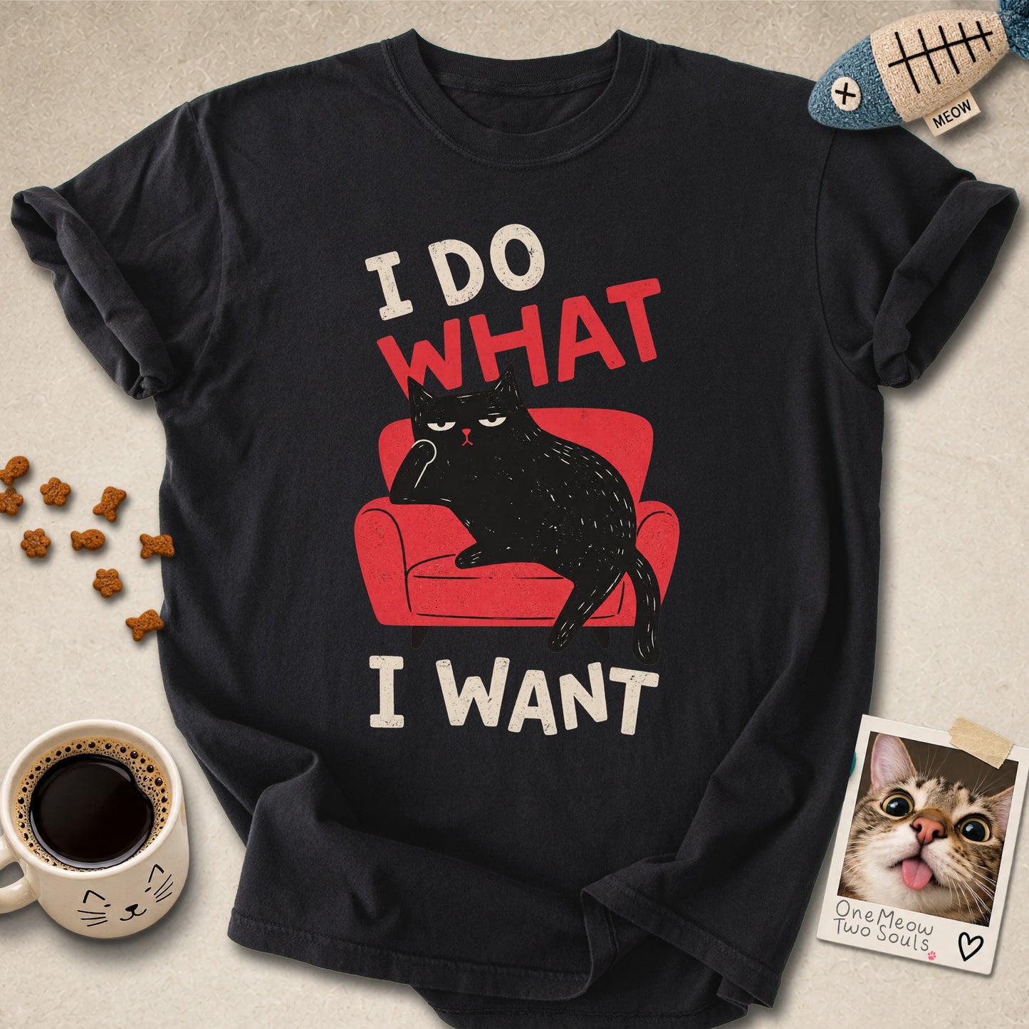 Black colored Comfort Colors 1717 cotton T-shirt, featuring a "I Do What I Want" funny cat design. One Meow Two Souls brand.