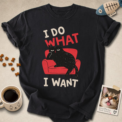Black colored Comfort Colors 1717 cotton T-shirt, featuring a "I Do What I Want" funny cat design. One Meow Two Souls brand.