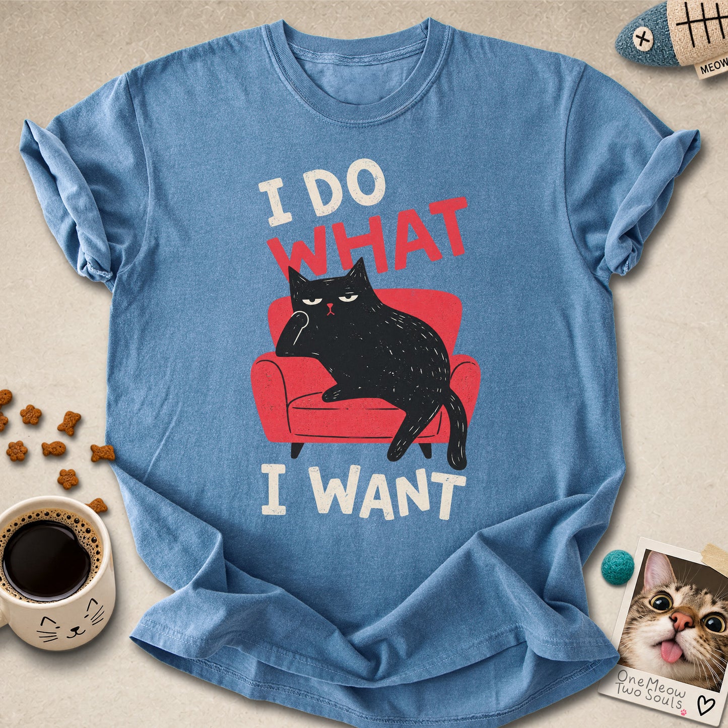 Blue Jean colored Comfort Colors 1717 cotton T-shirt, featuring a "I Do What I Want" funny cat design. One Meow Two Souls brand.
