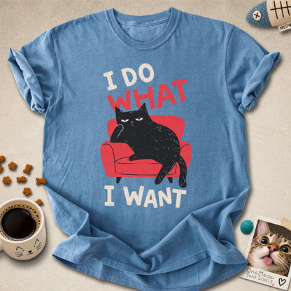 Blue Jean colored Comfort Colors 1717 cotton T-shirt, featuring a "I Do What I Want" funny cat design. One Meow Two Souls brand.