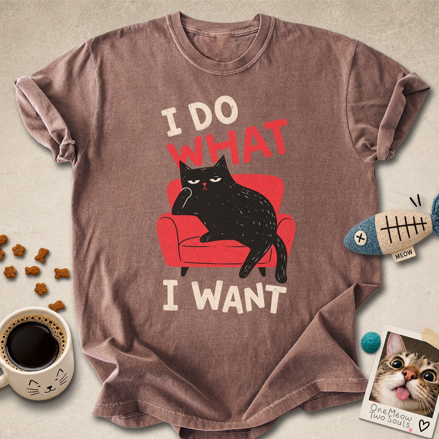 Espresso colored Comfort Colors 1717 cotton T-shirt, featuring a "I Do What I Want" funny cat design. One Meow Two Souls brand.