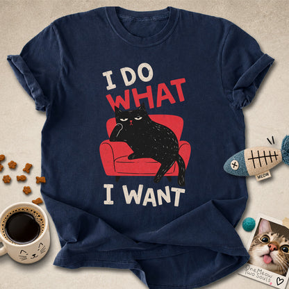 Navy  colored Comfort Colors 1717 cotton T-shirt, featuring a "I Do What I Want" funny cat design. One Meow Two Souls brand.
