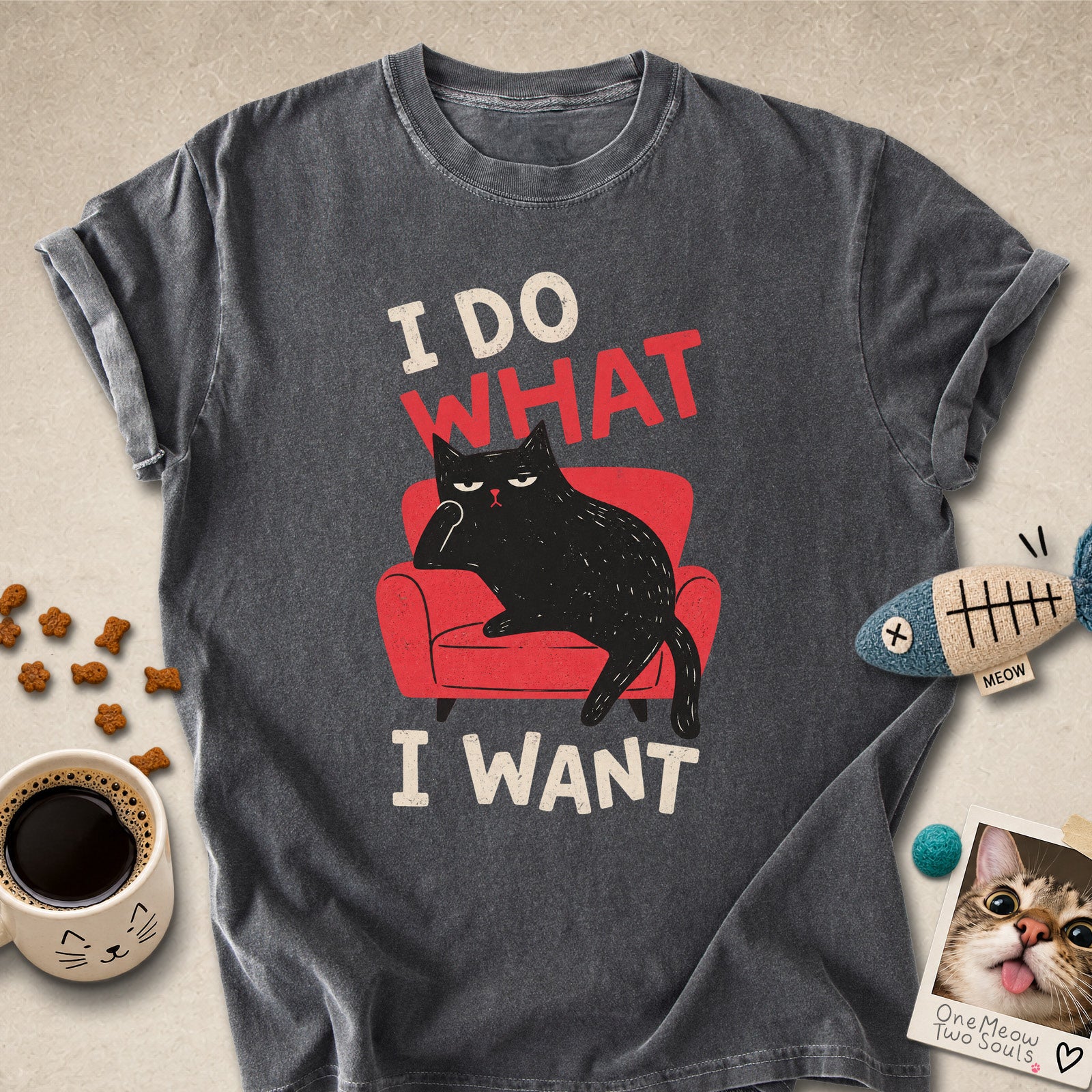 Pepper colored Comfort Colors 1717 cotton T-shirt, featuring a "I Do What I Want" funny cat design. One Meow Two Souls brand.