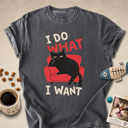 Pepper colored Comfort Colors 1717 cotton T-shirt, featuring a "I Do What I Want" funny cat design. One Meow Two Souls brand.