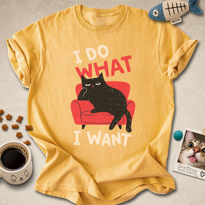 Mustard colored Comfort Colors 1717 cotton T-shirt, featuring a "I Do What I Want" funny cat design. One Meow Two Souls brand.