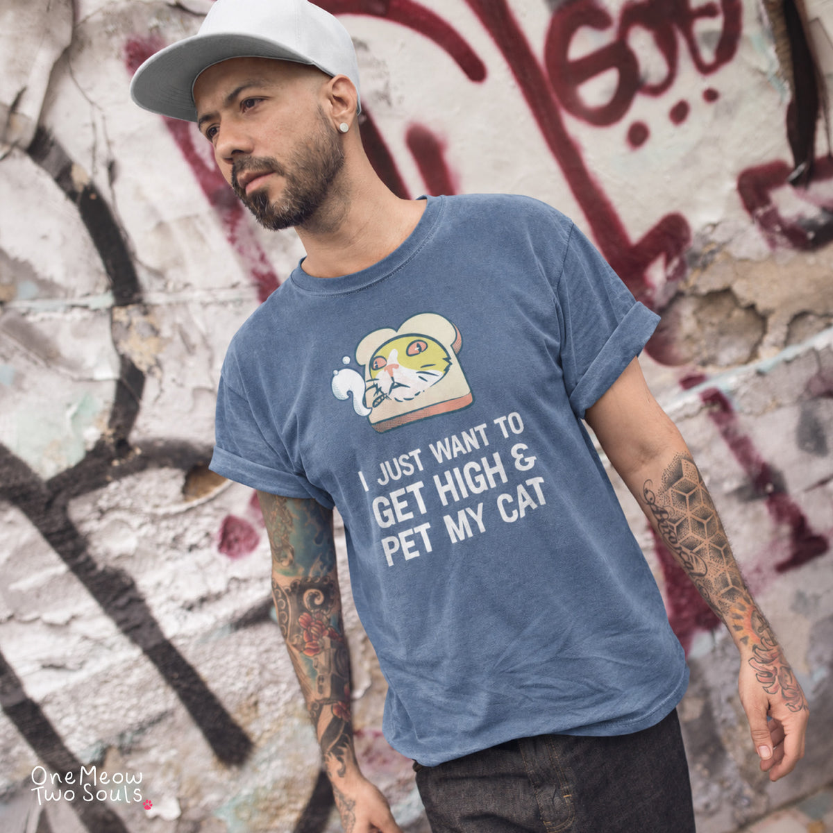 Blue jean colored Comfort Colors 1717 cotton T-shirt, featuring a "I Just Want to Get High and pet My Cat" funny cat design illustration. One Meow Two Souls brand.