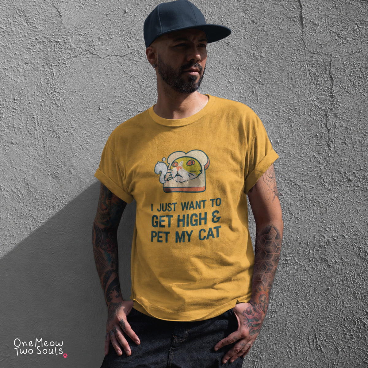 Mustard colored Comfort Colors 1717 cotton T-shirt, featuring a "I Just Want to Get High and pet My Cat" funny cat design illustration. One Meow Two Souls brand.
