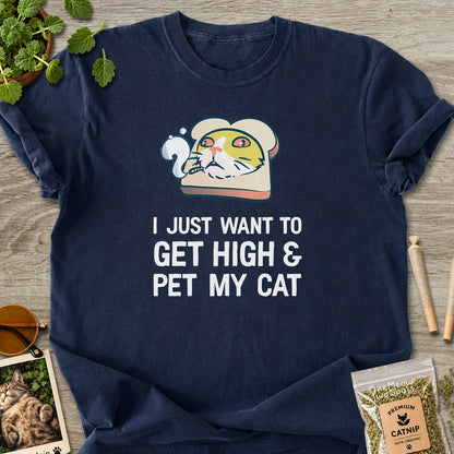 Navy colored Comfort Colors 1717 cotton T-shirt, featuring a "I Just Want to Get High and pet My Cat" funny cat design illustration. One Meow Two Souls brand.