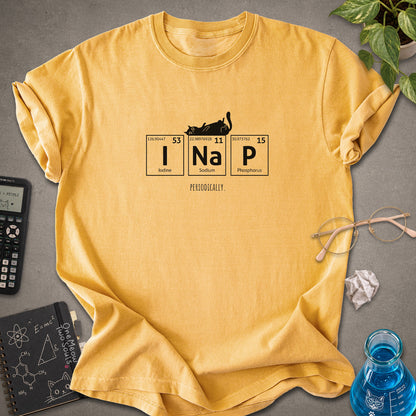Mustard colored Comfort Colors 1717 cotton T-shirt, presenting a "UI Nap, Periodically." funny cat chemistry design. One Meow Two Souls brand.