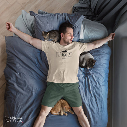 Ivory colored Comfort Colors 1717 cotton T-shirt, presenting a "UI Nap, Periodically." funny cat chemistry design. One Meow Two Souls brand.