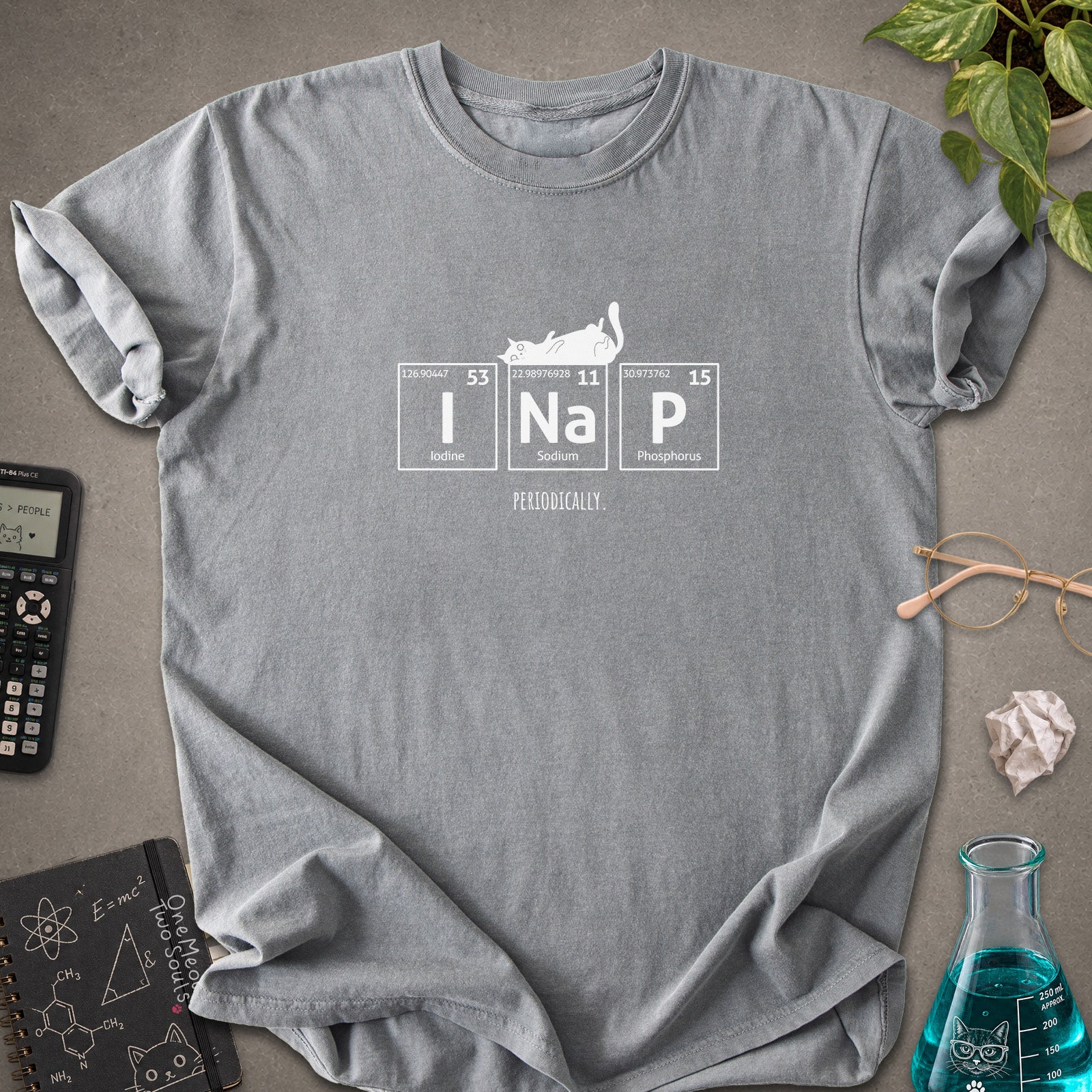 Grey colored Comfort Colors 1717 cotton T-shirt, presenting a "UI Nap, Periodically." funny cat chemistry design. One Meow Two Souls brand.