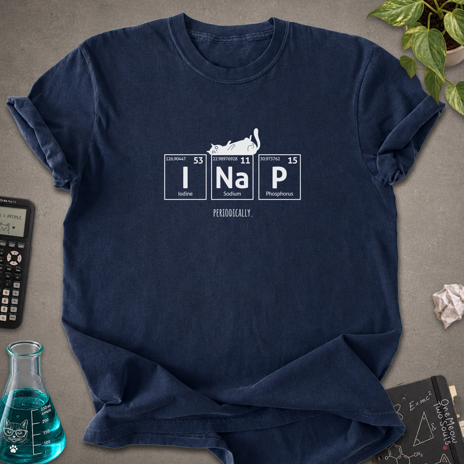 Navy colored Comfort Colors 1717 cotton T-shirt, presenting a "UI Nap, Periodically." funny cat chemistry design. One Meow Two Souls brand.
