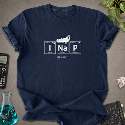 Navy colored Comfort Colors 1717 cotton T-shirt, presenting a "UI Nap, Periodically." funny cat chemistry design. One Meow Two Souls brand.