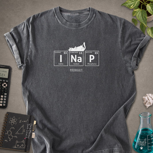 Pepper colored Comfort Colors 1717 cotton T-shirt, presenting a "UI Nap, Periodically." funny cat chemistry design. One Meow Two Souls brand.