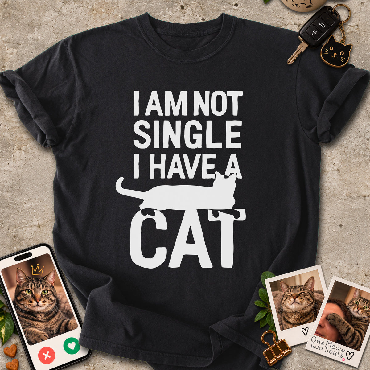 Black colored Comfort Colors 1717 cotton T-shirt, featuring a "I Am Not Single. I Have a Cat" funny cat design illustration. One Meow Two Souls brand.