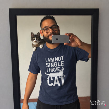 Navy colored Comfort Colors 1717 cotton T-shirt, featuring a "I Am Not Single. I Have a Cat" funny cat design illustration. One Meow Two Souls brand.
