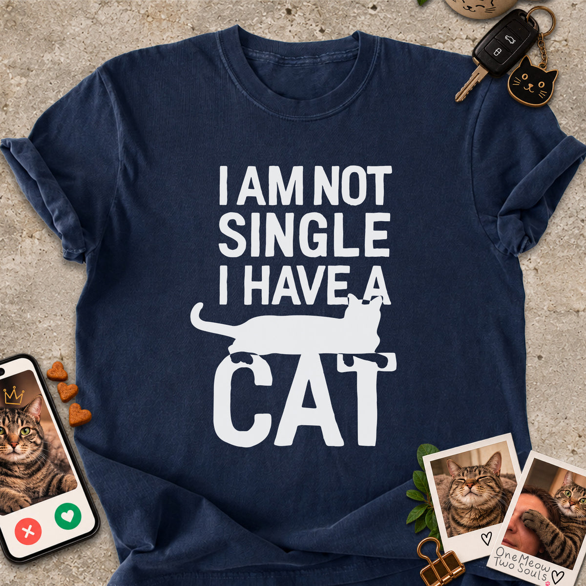 Navy colored Comfort Colors 1717 cotton T-shirt, featuring a "I Am Not Single. I Have a Cat" funny cat design illustration. One Meow Two Souls brand.