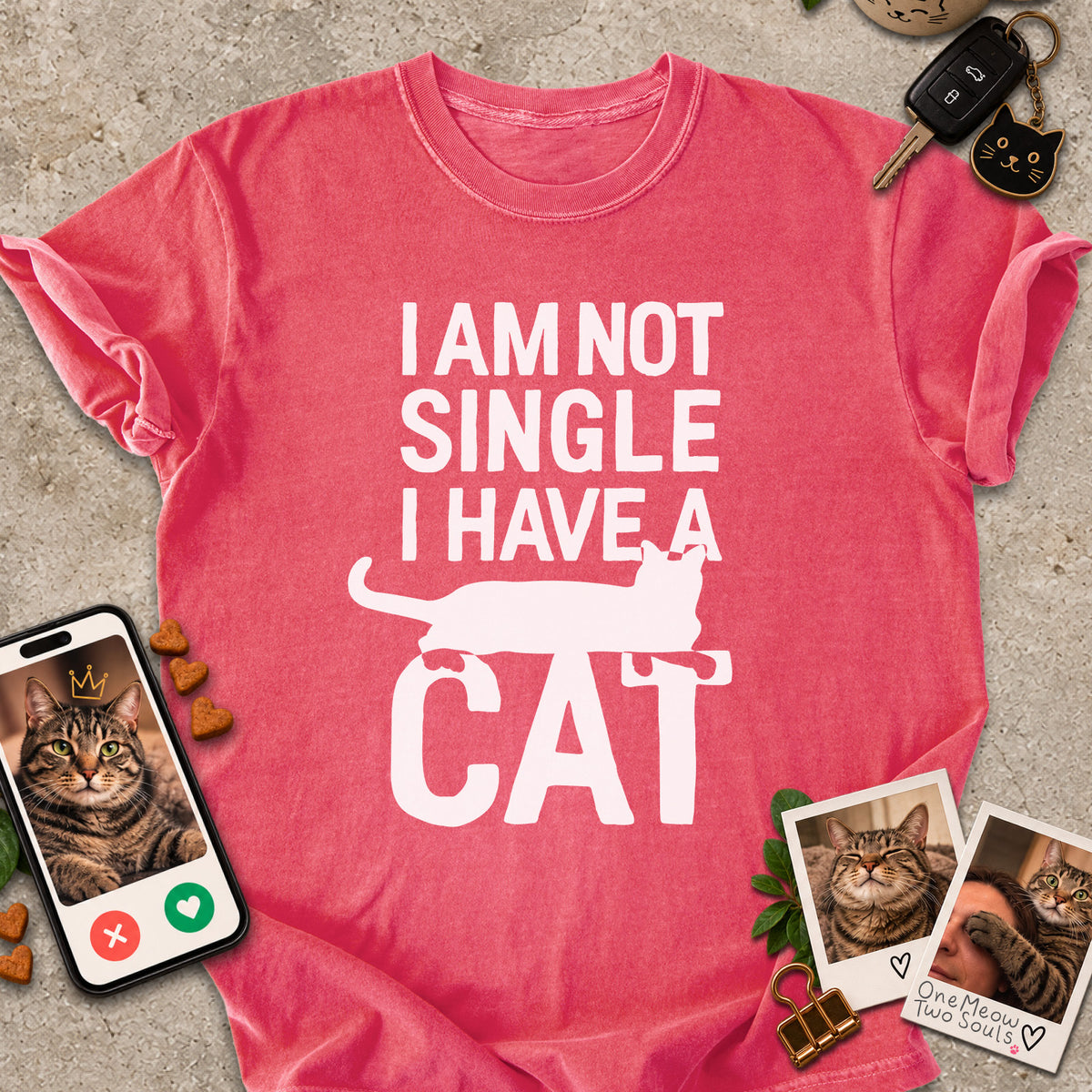 Watermelon colored Comfort Colors 1717 cotton T-shirt, featuring a "I Am Not Single. I Have a Cat" funny cat design illustration. One Meow Two Souls brand.