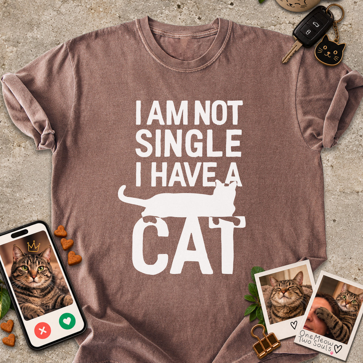 Espresso colored Comfort Colors 1717 cotton T-shirt, featuring a "I Am Not Single. I Have a Cat" funny cat design illustration. One Meow Two Souls brand.