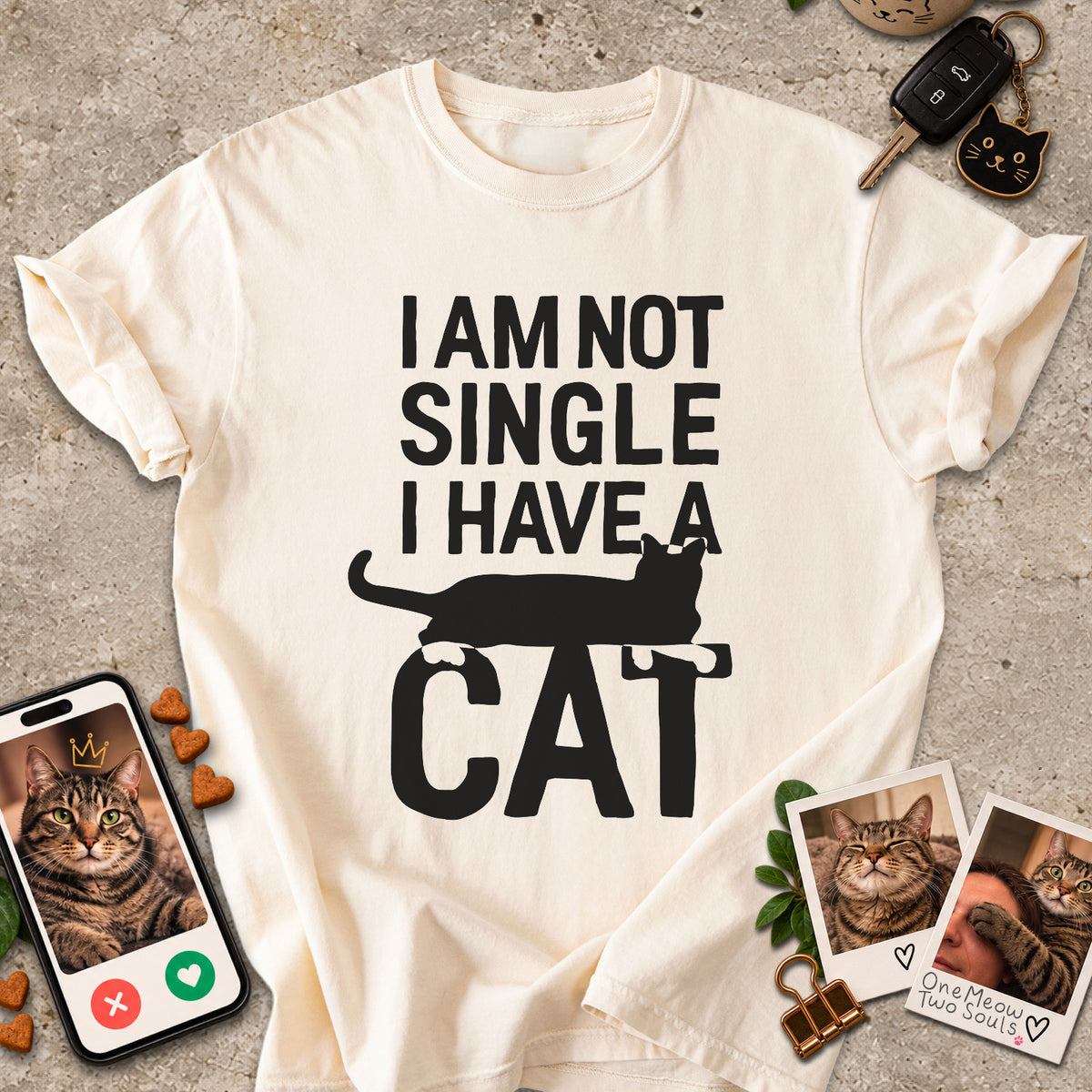 Ivory colored Comfort Colors 1717 cotton T-shirt, featuring a "I Am Not Single. I Have a Cat" funny cat design illustration. One Meow Two Souls brand.