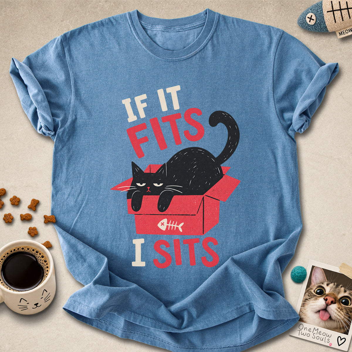 Blue Jean colored Comfort Colors 1717 cotton T-shirt, featuring a "If it fitsts I sits" funny cat design illustration. One Meow Two Souls brand.