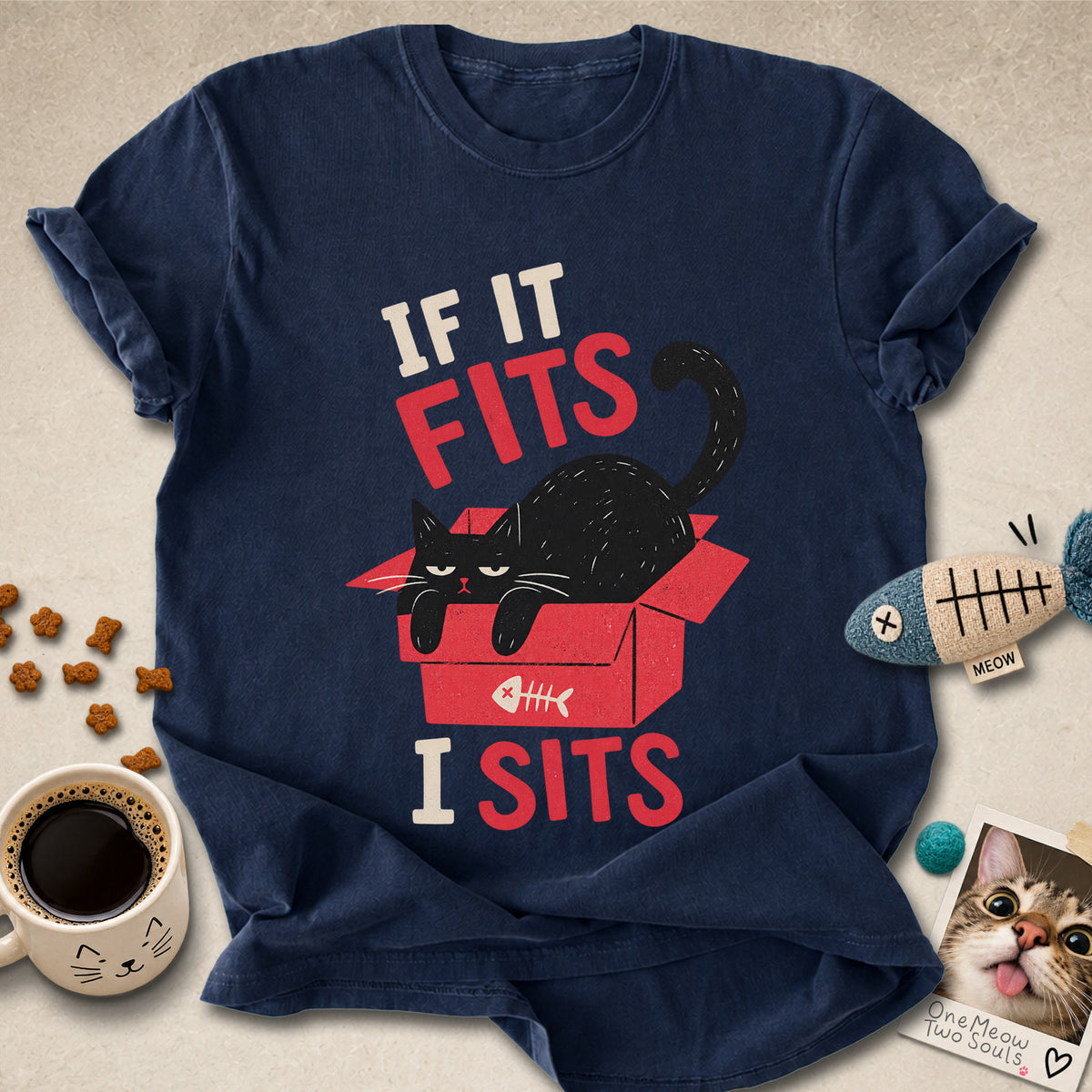 Navy colored Comfort Colors 1717 cotton T-shirt, featuring a "If it fitsts I sits" funny cat design illustration. One Meow Two Souls brand.