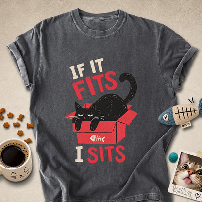Pepper colored Comfort Colors 1717 cotton T-shirt, featuring a "If it fitsts I sits" funny cat design illustration. One Meow Two Souls brand.