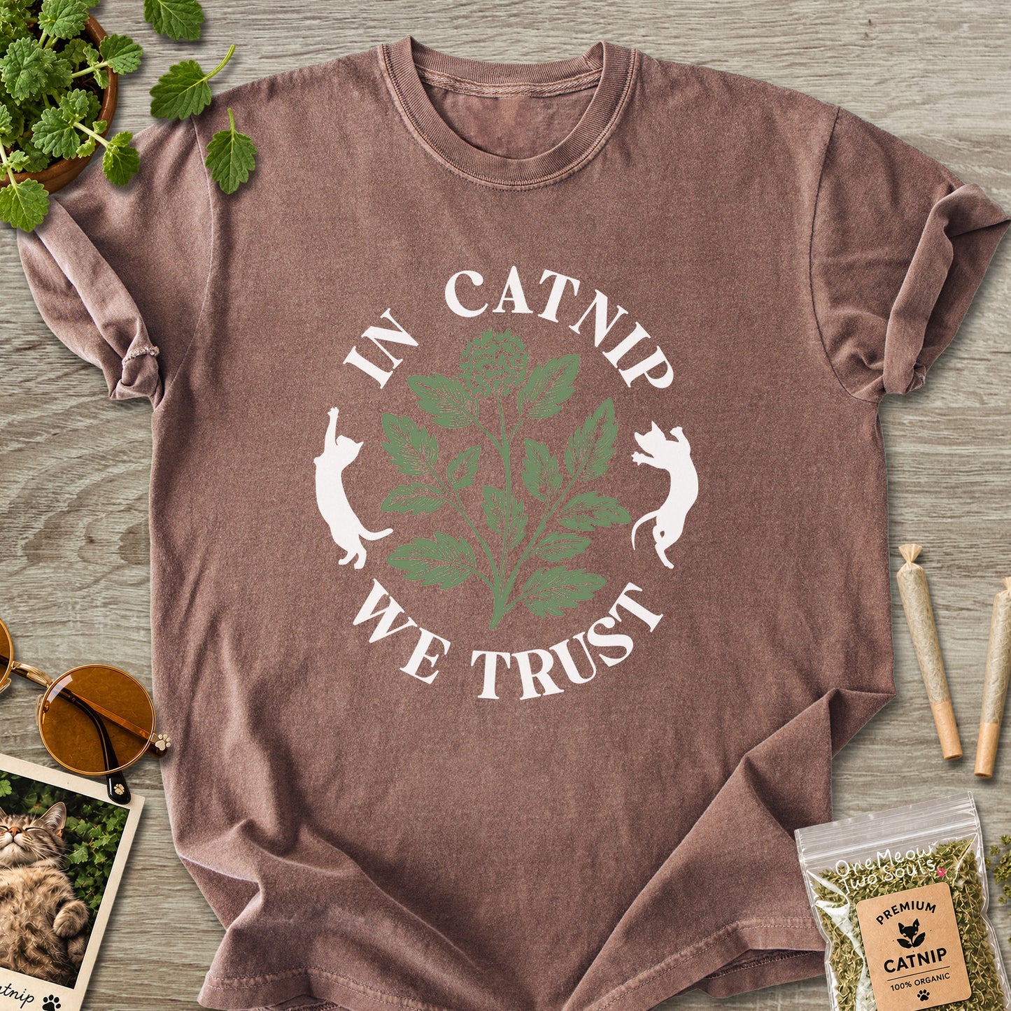 Espresso colored Comfort Colors 1717 cotton T-shirt, featuring a "In Catnip We Trust" funny cat design illustration. One Meow Two Souls brand.